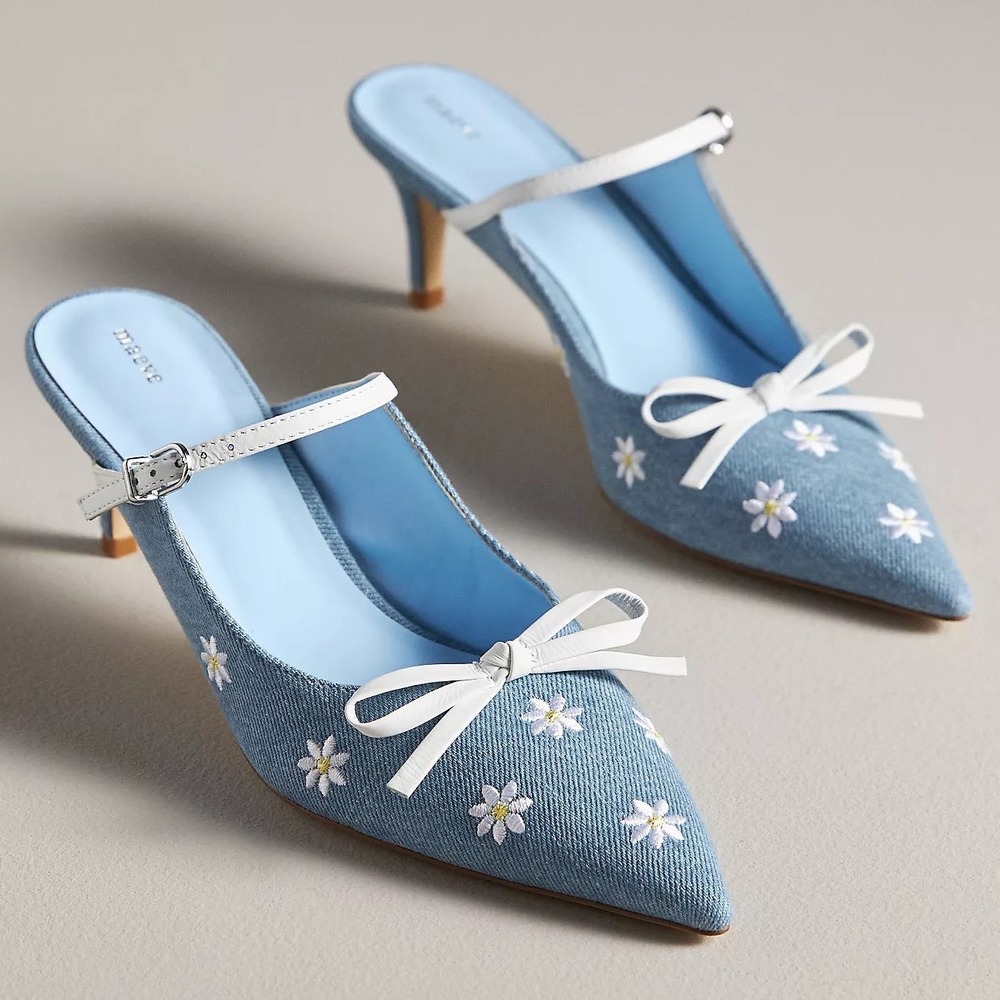NEW Anthropologie Maeve Bow Kitten Heel Mules 9‎ Denim Embroidered Flowers $170